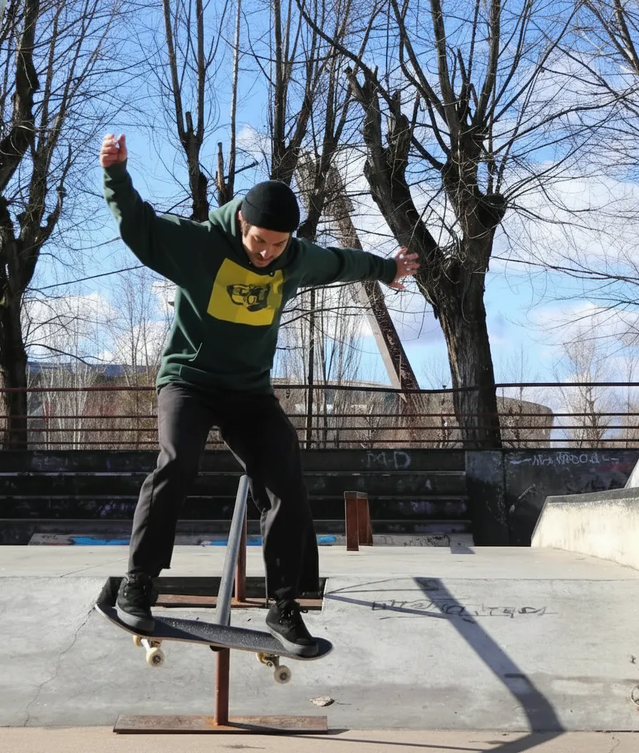 Profesor con buzo verde realizando truco con skate